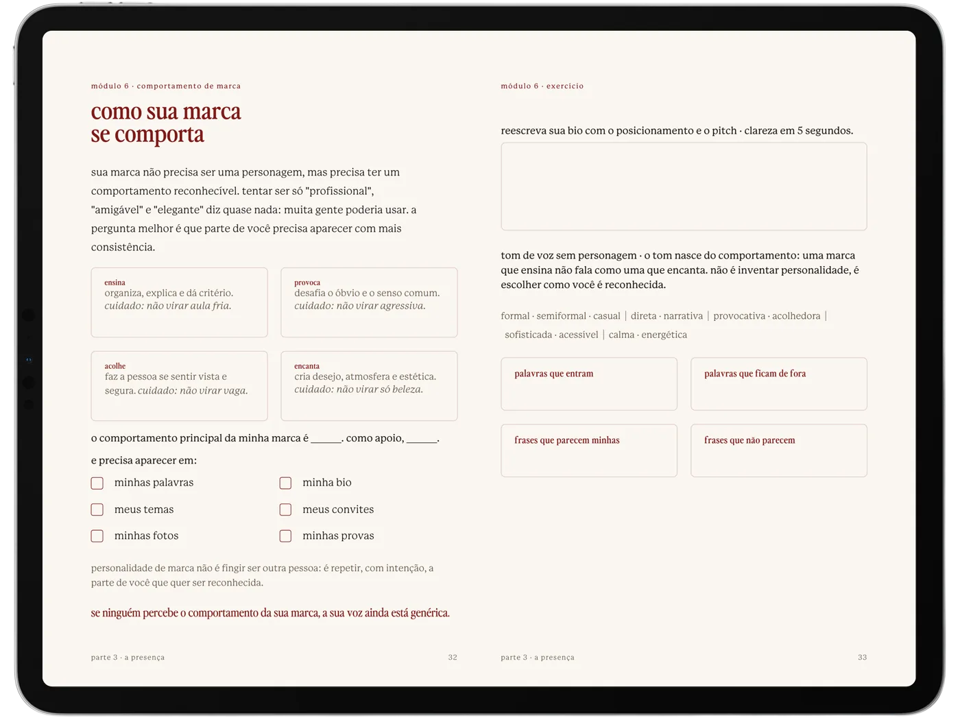 página do e-book: módulo de comportamento de marca, com caixas (ensina, provoca, acolhe, encanta), checkboxes e o exercício de tom de voz